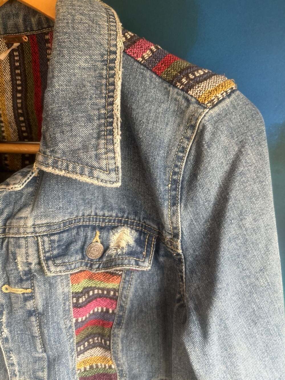 Free People Baja Serape Embroidered Distressed Denim Trucker Jacket - Picture 3 of 9